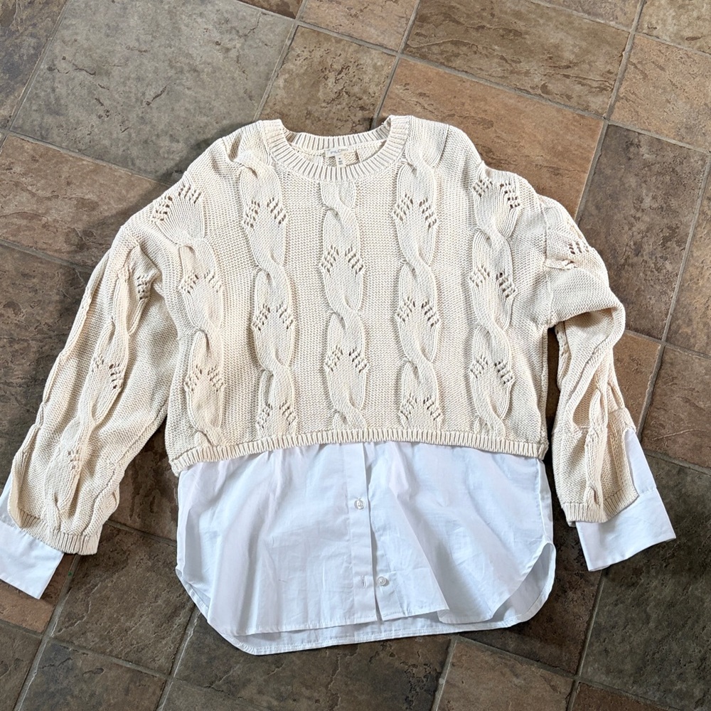 Pilcro Cream Cable-Knit Crew Sweater with Attached White Shirt Hem